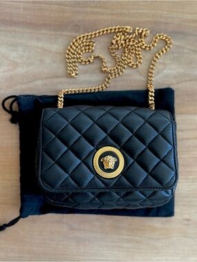 Versace Black Quilted Leather Crossbody with Gold Medusa Chain